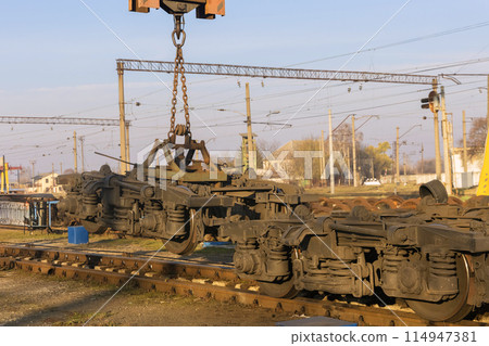 Railway car wheels on railway junction during wait repair 114947381