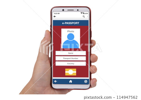 Someone using e-passport showing on smartphone screen. 114947562