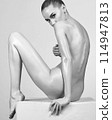 Sexy naked girl with a beautiful body posing in a photo studio. 114947813