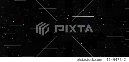 Glitch video tape background. Colored noise texture template. Glitched vhs tv pixels wallpaper. Image distortion backdrop effect. Lost signal concept. Vector pixelated illustration 114947842
