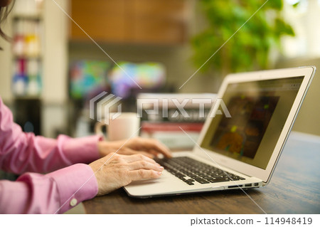A middle-aged woman drinking coffee and looking at a computer 114948419