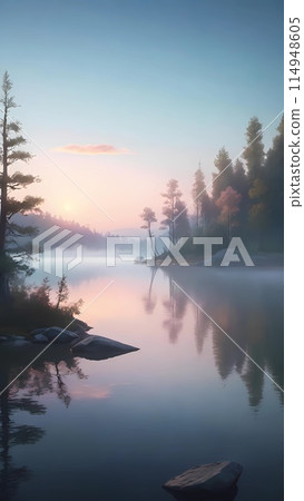 A misty serene lake at dawn with sky in pastel hues wallpaper background 114948605