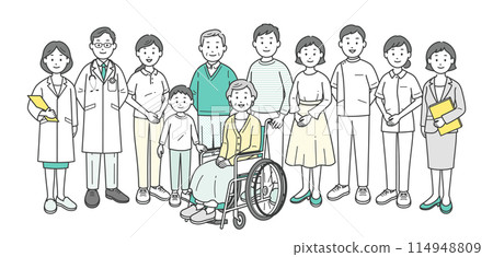 一對老年夫婦、家人、醫生、護士、護理人員和護理經理營養師的全身插圖 114948809