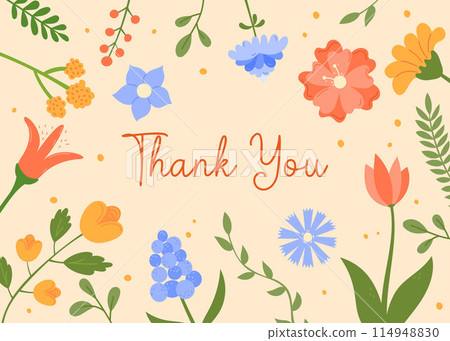Thank You card. Floral design. Cute flowers and text Thank You. Greeting card with abstract blossom background. Vector illustration Thank You card. Floral design. Cute flowers and text Thank You. Greeting card with abstract blossom background. Vector illustration 114948830
