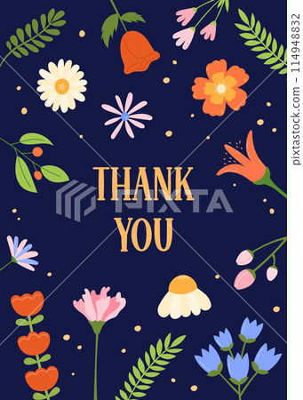 Thank You card. Floral design. Cute flowers and text Thank You. Greeting card with abstract blossom background. Vector illustration Thank You card. Floral design. Cute flowers and text Thank You. Greeting card with abstract blossom background. Vector illustration 114948832