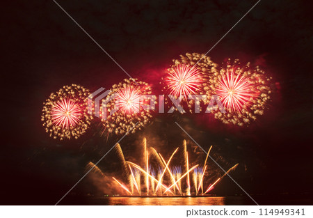 Colorful vibrant Firework celebrate anniversary happy new year 2024, 4th of july holiday festival. colorful firework in night time to celebrate national holiday. countdown new year party background 114949341