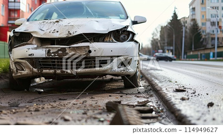 A close-up of a car with significant front-end damage after a traffic accident, with the blurred background of a city street setting the scene.. A close-up of a car with significant front-end damage after a traffic accident, with the blurred background of a city street setting the scene.. 114949627