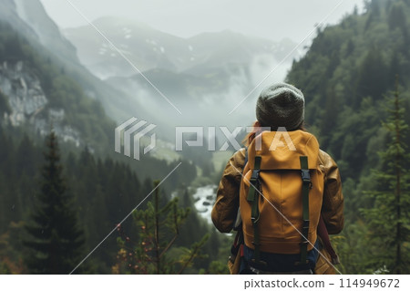 Hiker looking at a mountainous forest landscape 114949672