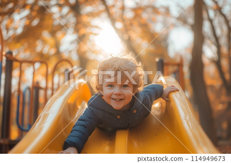 Child sliding on playground slide 114949673