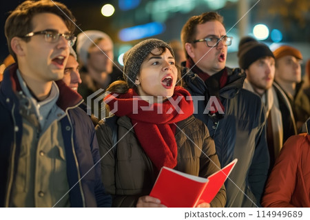 People singing during an evening rally 114949689