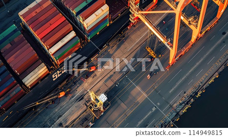 An aerial perspective captures the organized chaos of a bustling port, with rows of colorful shipping containers ready for transport during golden hour. An aerial perspective captures the organized chaos of a bustling port, with rows of colorful shipping containers ready for transport during golden hour. 114949815