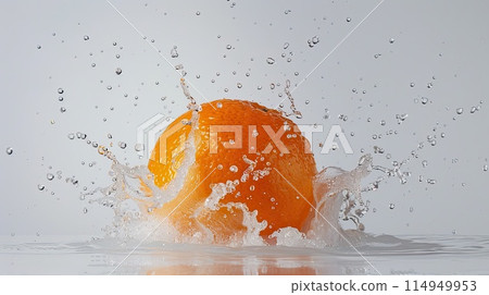 A ripe orange creates a lively splash in clear water, captured in mid-motion against a stark white background.. 114949953