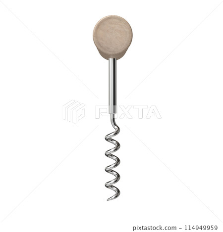Top view of a corkscrew with wooden handle Top view of a corkscrew with wooden handle 114949959