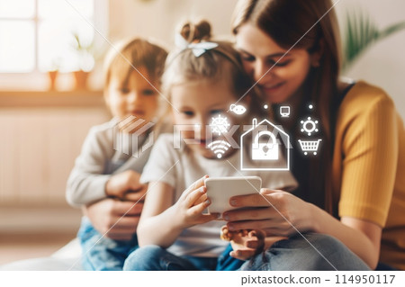 Mother and children using smart home technology 114950117