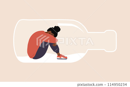 Alcoholism concept. Depressed african Woman sitting on bottom of bottle and hugging her knees. Girl with Pernicious Habits Addiction and Substance Abuse. Vector illustration in flat cartoon style Alcoholism concept. Depressed african Woman sitting on bottom of bottle and hugging her knees. Girl with Pernicious Habits Addiction and Substance Abuse. Vector illustration in flat cartoon style 114950234