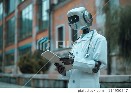 Robot in doctor attire holding clipboard 114950247