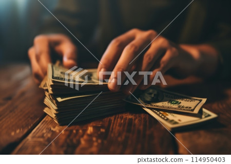 Man counting a stack of hundred dollar bills 114950403