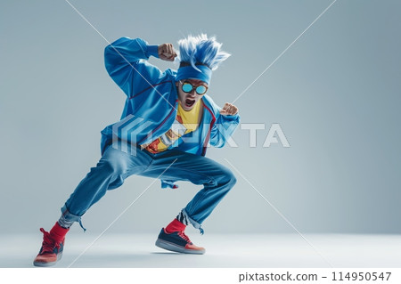 Dynamic breakdancer in a superhero costume 114950547