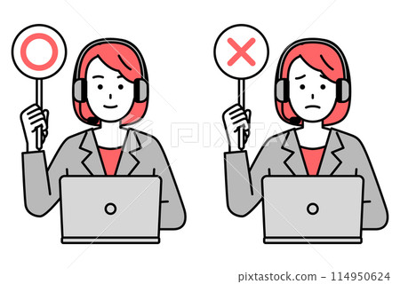 A female operator working on a laptop computer raising a circle or cross mark 114950624