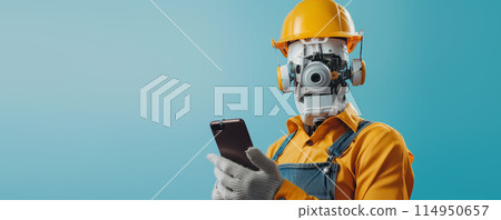 Robot Worker Analyzing Smartphone Screen 114950657