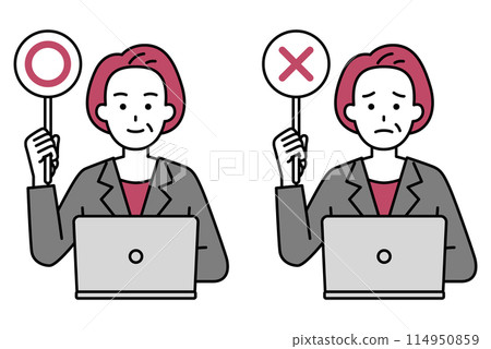 一位穿著西裝的中年婦女在筆記型電腦上工作,獲得了○×分 一位穿著西裝的中年婦女在筆記型電腦上工作,獲得了○×分 114950859