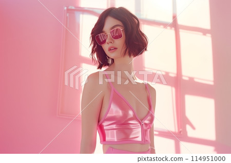 Woman in pink top posing in sunlit room 114951000