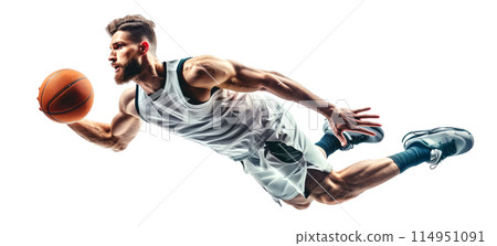 Athlete diving for basketball in mid-air Athlete diving for basketball in mid-air 114951091