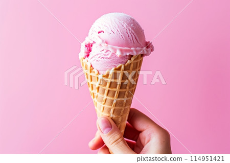 Delicious pink strawberry ice cream cone 114951421