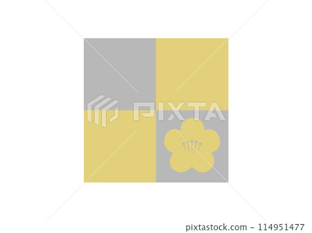 Plum blossoms in a checkered pattern, grey and gold Plum blossoms in a checkered pattern, grey and gold 114951477