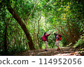 Two Asian Female hikers walk and took photos in the forest 114952056