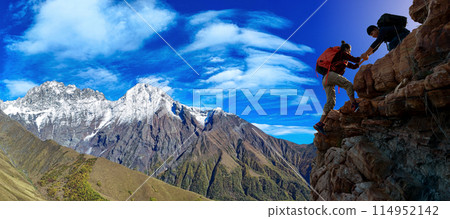 Group of happy hiker jumping on the hill Group of happy hiker jumping on the hill 114952142