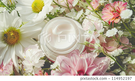 Cosmetic branding, toiletries and skincare concept. Face cream moisturizer jar on floral background, moisturizing skin care lotion and lifting emulsion, anti-age cosmetics for luxury beauty brand 114952197