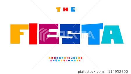 Joyful carnival alphabet featuring bold bright colorful letters. Playful uneven, block-style design font for vibrant logos and playful headlines, fiesta typography, festive, parties, event decoration. 114952800