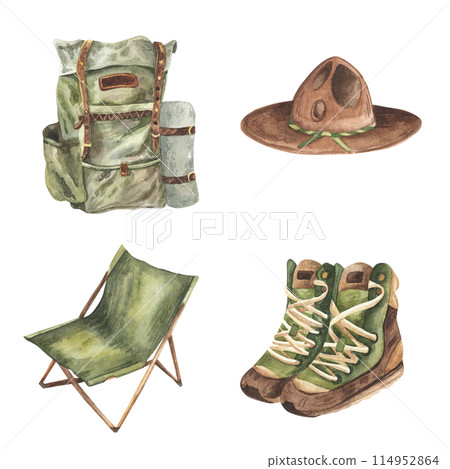 Camper bag chair boots hat. Watercolor camp objects set adventure outdoor tourist camping symbols . Isolated on white background. active travel vacations sport for summer. Hand drawn 114952864