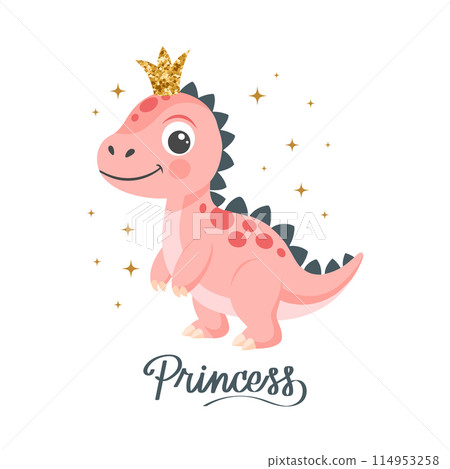 Princess dino card template. Cute dinosaur fairy, baby sweet poster. Scandinavian style animal, shirt print or sticker. Greeting card 114953258