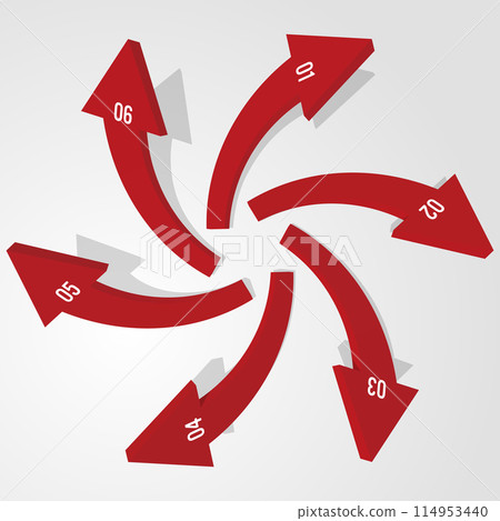 Six outward-spreading three-dimensional arrows infographic red vector illustration Six outward-spreading three-dimensional arrows infographic red vector illustration 114953440