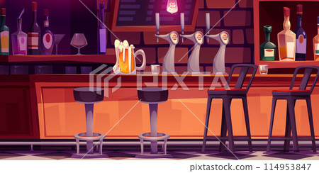 Bar interior with beer glass on counter 114953847