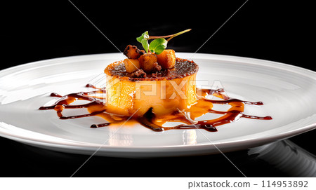 Creme brulee served in a classic ramekin, combination of creamy custard and caramelized sugar 114953892