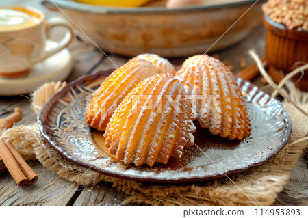 Classic French madeleine cookies, buttery and delicate, mini sponge cake baked in scallop mold Classic French madeleine cookies, buttery and delicate, mini sponge cake baked in scallop mold 114953893
