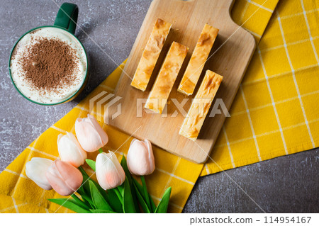 food background with cheese cake and breakfast for summer season 114954167