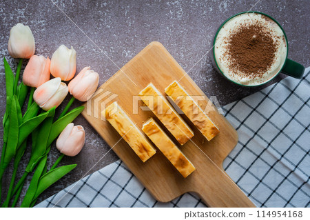 food background with cheese cake and breakfast for summer season 114954168