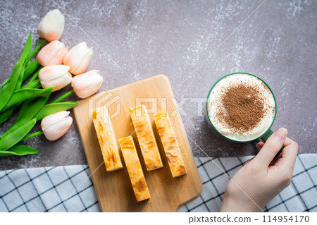 food background with cheese cake and breakfast for summer season 114954170