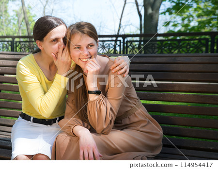 Two girls gossip in the park 114954417