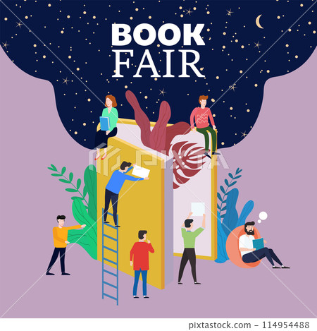 Book Fair or Festival concept, small people reading and opened huge book Book Fair or Festival concept, small people reading and opened huge book 114954488