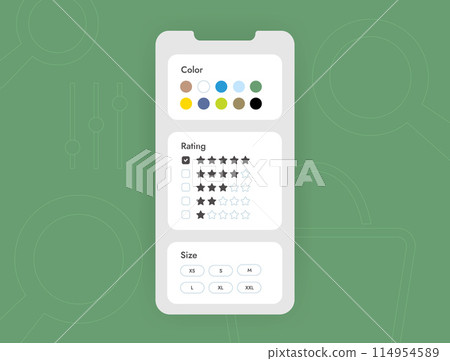 Search and Filtering of Marketplace Products. Advanced M-commerce Categorization and product filters. Flat vector illustration isolated on white background Search and Filtering of Marketplace Products. Advanced M-commerce Categorization and product filters. Flat vector illustration isolated on white background 114954589