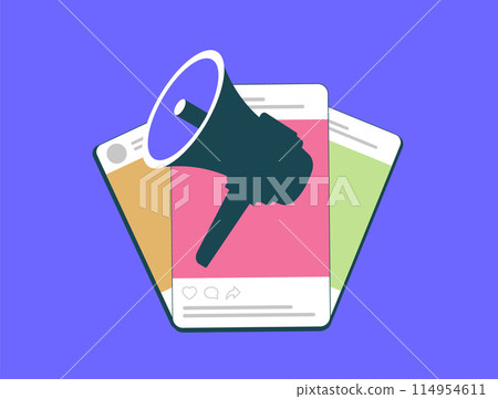 Manage Multiple Social Media Accounts concept. Multiple social profiles for different product lines, interests or regional audiences. Flat vector illustration isolated on purple background 114954611