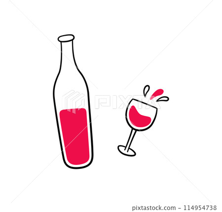 Wine bottle and glass. Red vine bottle and wineglass. Hand drawn line elements. Champagne splashes. Vector illustration in doodle style on white background 114954738
