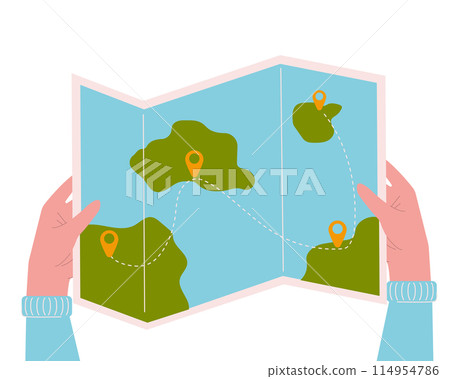 Vector flat illustration of Folded Paper Map In human Hands. Starting point, route, destination. Visual concept in colorful modern style. Travelling concept. 114954786
