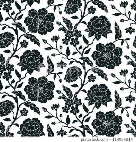 Seamless pattern with monochrome chinoiserie hand drawn motifs 114954814
