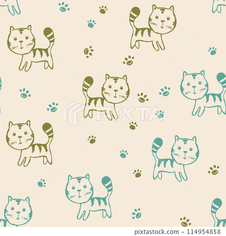 Seamless pattern with cute kitten print. Different scandy cats on color background. Scandinavian style illustration for kids. Vector illustration for fabric, textile, wallpaper, home clothing, pajama 114954858